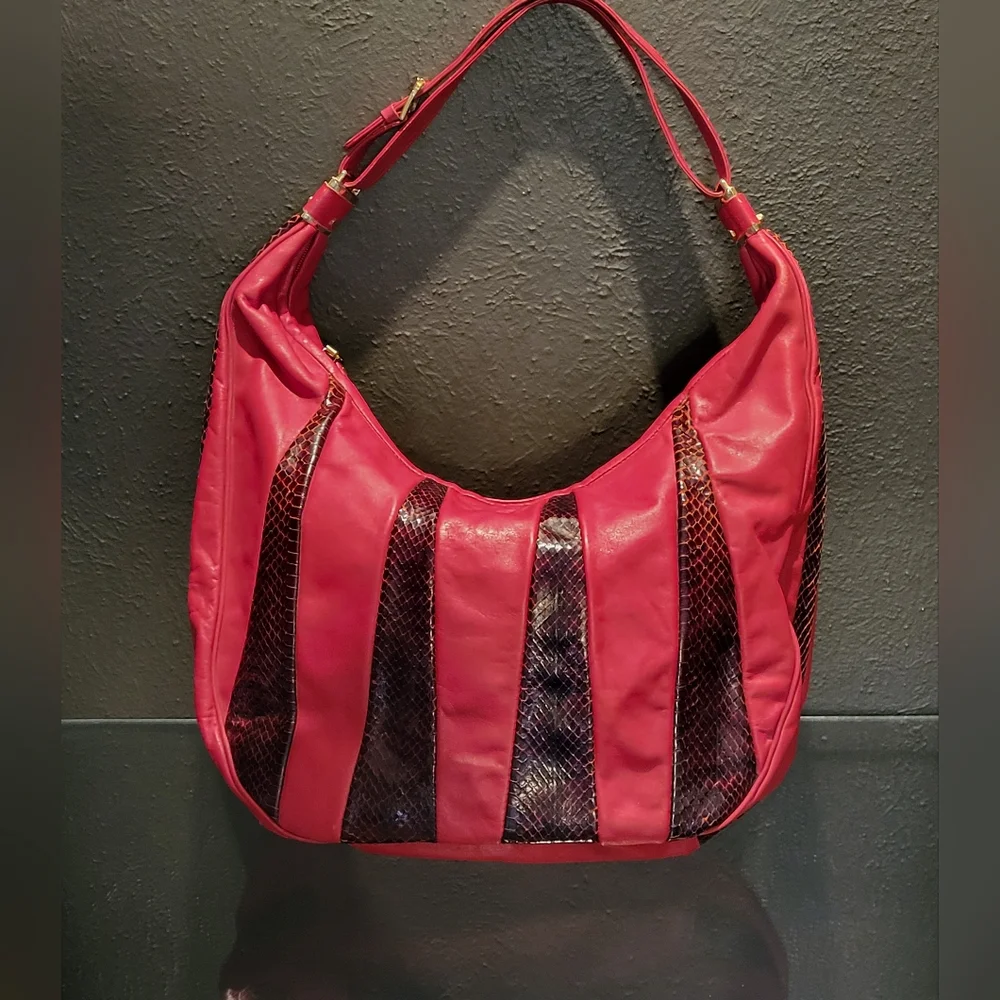 Fontanelli By Reco's Vtg 80s Red Leather/Reptile Hobo Shoulder Bag